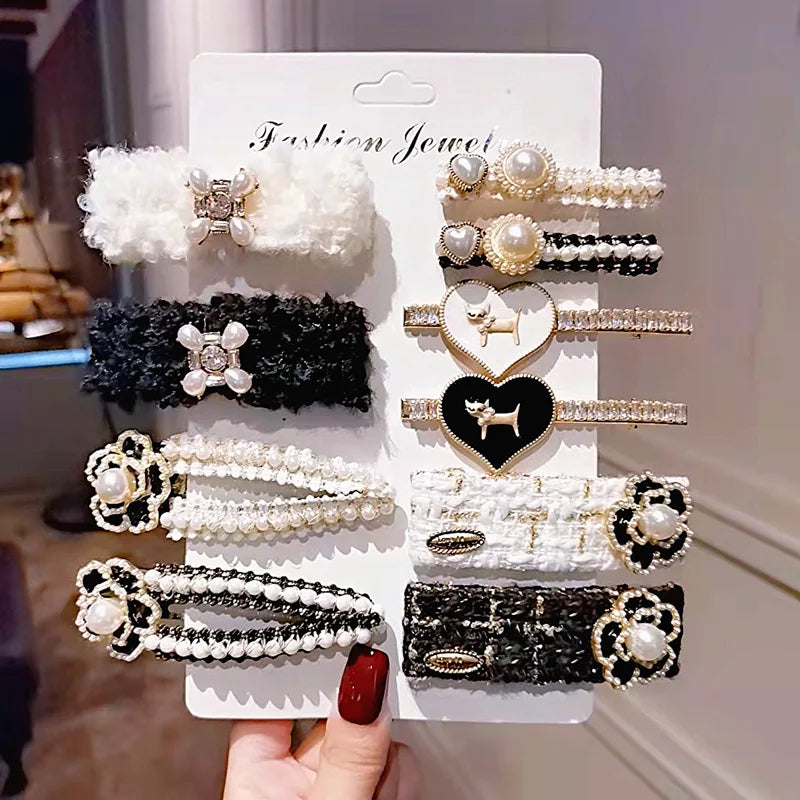 Black Hollow Lace Bows Pearl Crystal Hair Clips Handmade Fabric Cotton Word Hairpins Hair Accessories for Girls Head Wear