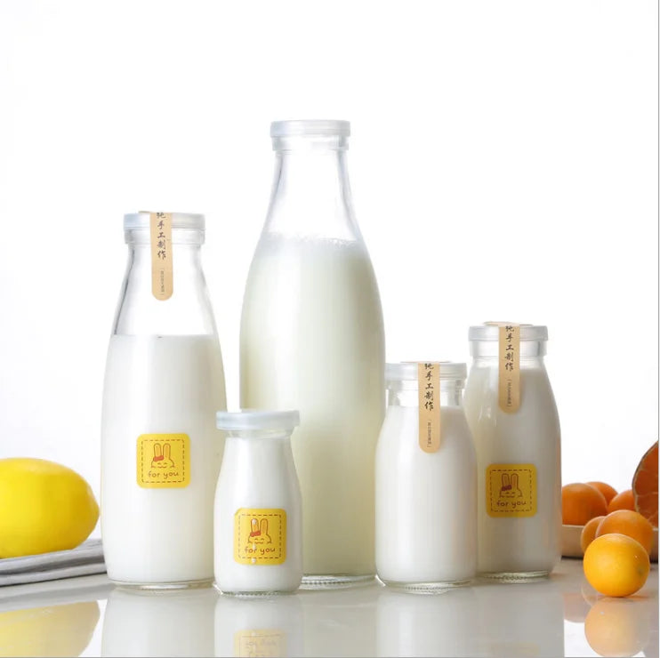 Beverage Glass Bottle Wholesale  Custom Design Milk Bottle 200ml 250ml 500ml 1000ml Fresh Milk Bottle Glass with  Lid