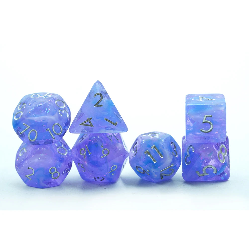 Transparent 16mm Polyhedral Purple with blue and white vaporand mica Resin Dice Set 7-Piece Soft Edge Board Games for DND