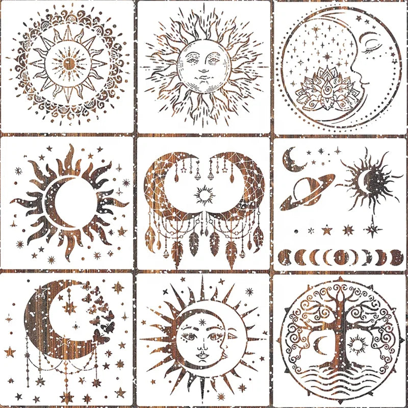 9 Pieces Large Mandala Sun and Moon Star Stencil Paint Templates for Painting Wood Wall Furniture Decor