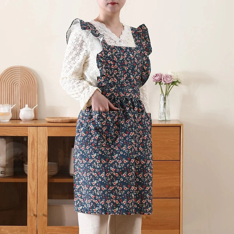 Retro Floral Chinese Style Reusable Bib Durable Washable Kitchen Home Cooking Apron Dirt-Resistant Shoulder Strap for Female