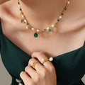 Court Style Design Bohemia Elegant Stainless Steel Jewelry Freshwater Pearl Bead Chain Green Jade Turquoise Pendant Necklace