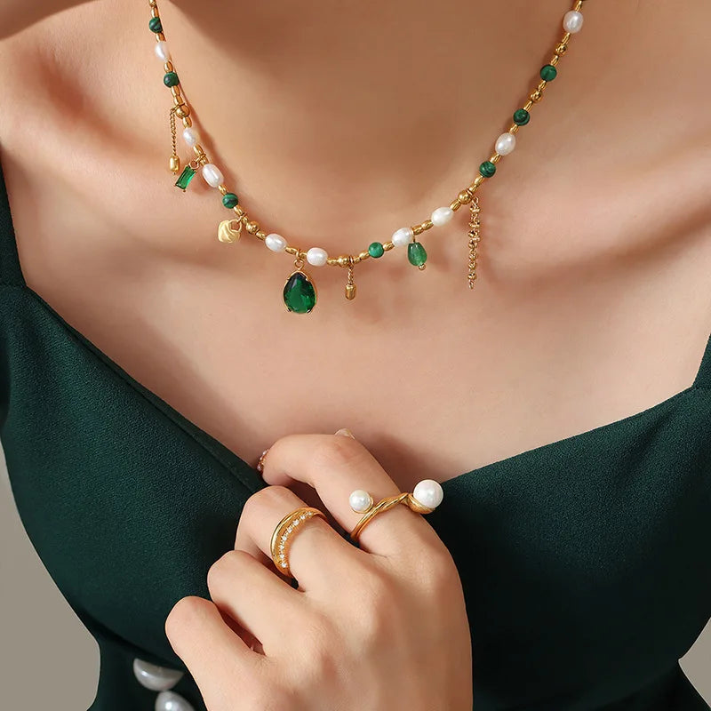 Court Style Design Bohemia Elegant Stainless Steel Jewelry Freshwater Pearl Bead Chain Green Jade Turquoise Pendant Necklace