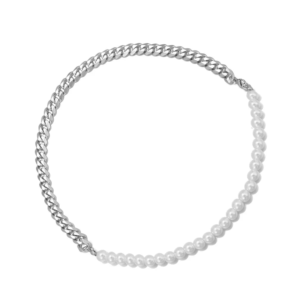 Custom Personalized Mens Chain Stainless Steel Necklace Bracelet Design Jewelry Set Minimalist Male Pearl Link Chain Necklace