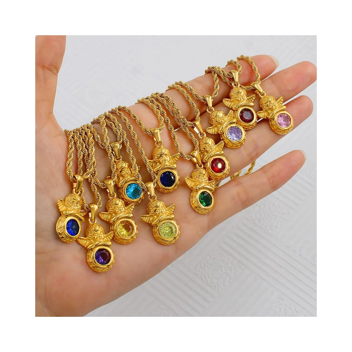 RisingMoon 18K Gold Jewelry Personalized Stainless Steel Chain Guardian Angel Pendant Necklace Birthstone Necklace
