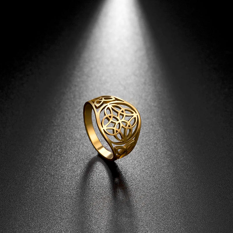 Stainless Steel Rings Silver Color Flower of Life Circle Celtics Knot Hag Ring Gift for Women Men Jewelry Wholesale 2021