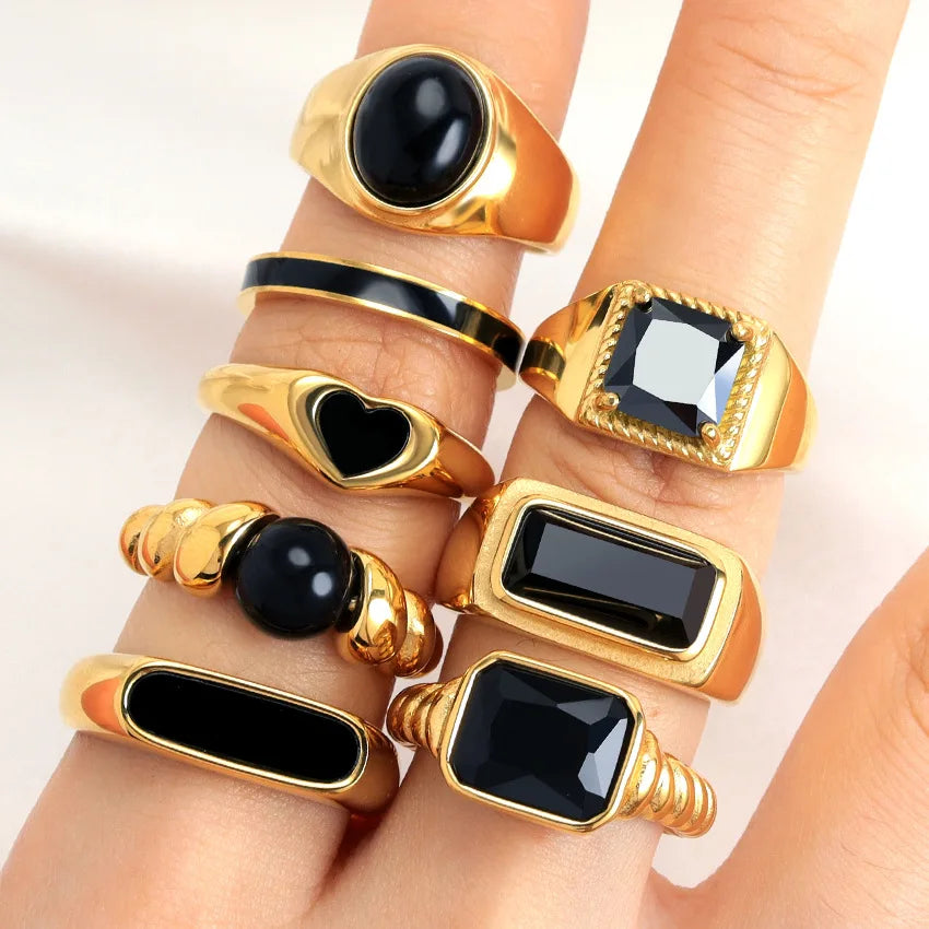 Wholesale Fashion Men's Ring Black Obsidian Stone Punk Classic Black Color Ring Male Stainless Steel Ring Bijoux Jewelry