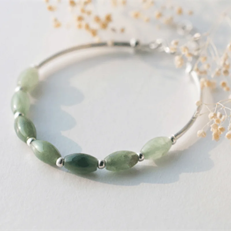 925 Sterling Silver Green Jade Bracelet Natural Oval Bead Gemstone Rhodium Classic for Wedding Party Birthday Gift for Women