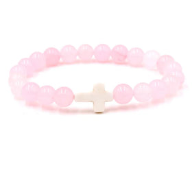 SC Jewelry 8mm Rose Quartz Beaded Bracelet With Blessing Card Agate Crystal Beaded Religion Cross Bracelet Charms for Women