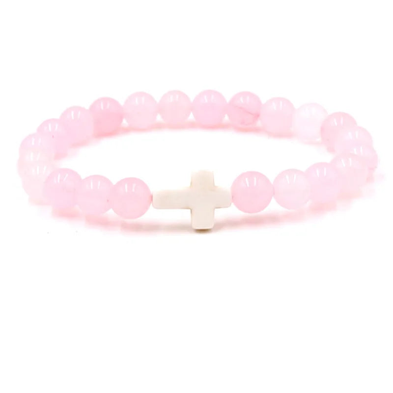 SC Jewelry 8mm Rose Quartz Beaded Bracelet With Blessing Card Agate Crystal Beaded Religion Cross Bracelet Charms for Women