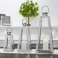 Set of Three Unique Trapezoid Silver Stainless Steel Floor Hanging Candle Lantern Candle Holders for Wedding Aisle Decor