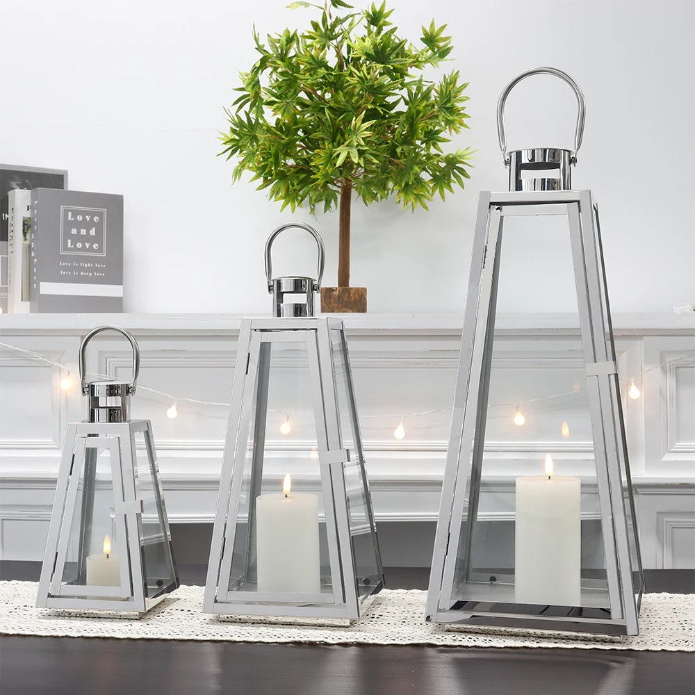 Set of Three Unique Trapezoid Silver Stainless Steel Floor Hanging Candle Lantern Candle Holders for Wedding Aisle Decor