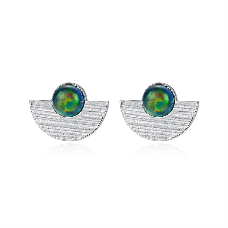 Fine Jewelry 925 Sterling Silver Semicircle Shape Natural Round Opal Stud Earrings for Women Girls