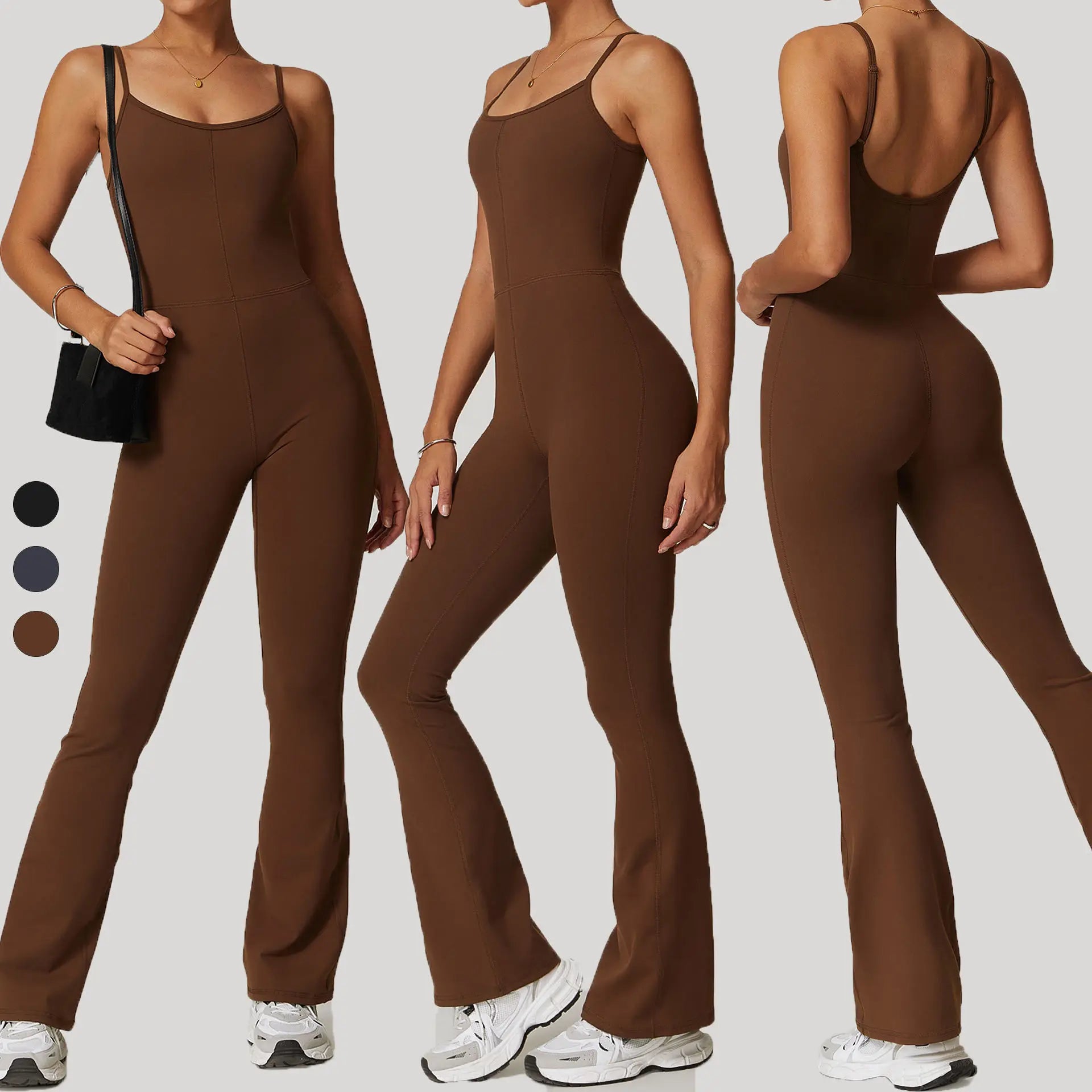 Whoesele Quick Dry Tummy Control One Piece Active Wear Workout Gym Fitness Flare Yoga Jumpsuit