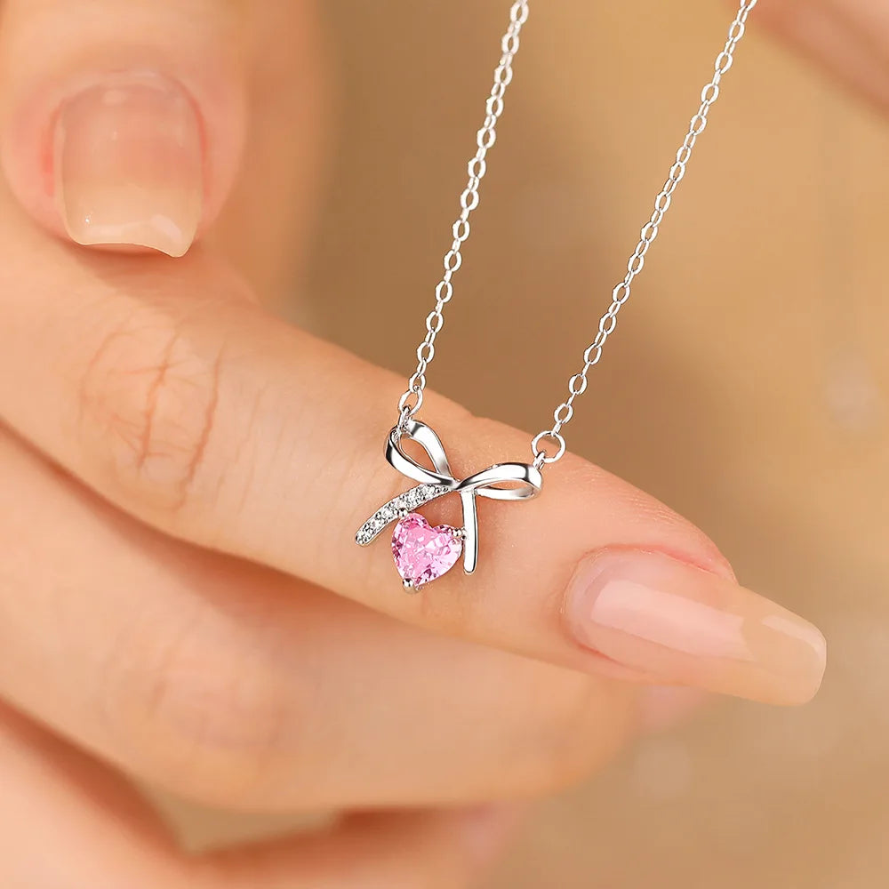 Daidan Necklace Elegant Ladies Heart Necklace Zirconia 925 Silver Love Knot Cubic Zirconia Bow Necklace