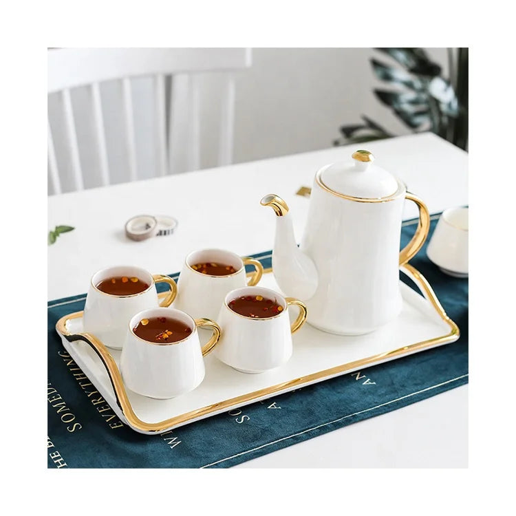 European Tea Coffee Cup Teapot with Tray 8 Pieces White Black Gold Handle Ceramic Tea Set