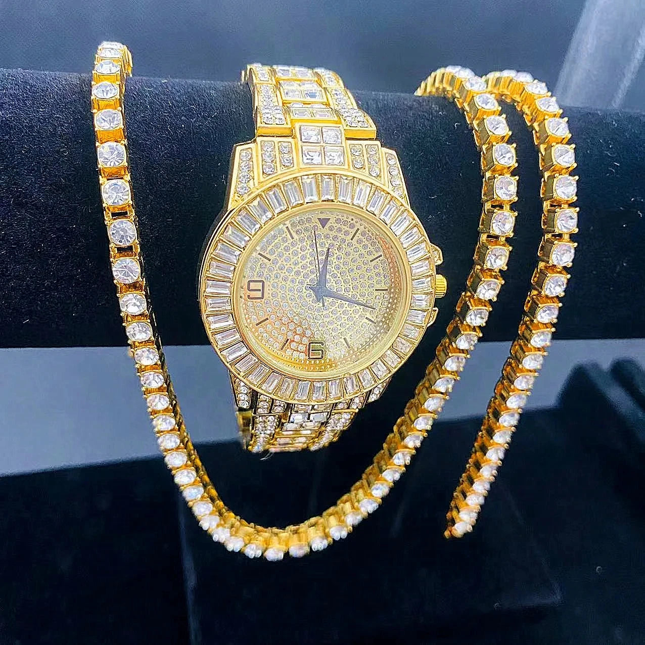 3PCS/SET Top Diamond Watch Luxury Iced Out Watches Men Women Tennis Chains Bracelet Necklaces Cyrstal Jewelry for Hip Hop