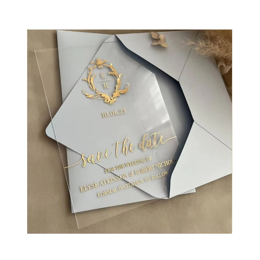 Custom Luxury Gold Foil Acrylic Credit Card Wedding Cadre Invitation De Marriage Paper Cover Envelope Wedding Invitation