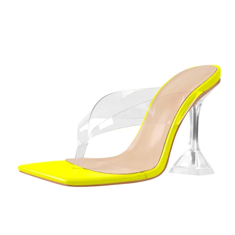 Stylish Women Square Toe Transparent Thong Shoes Flip Flops Clear Heel PVC Mules Ladies High Heel Slippers
