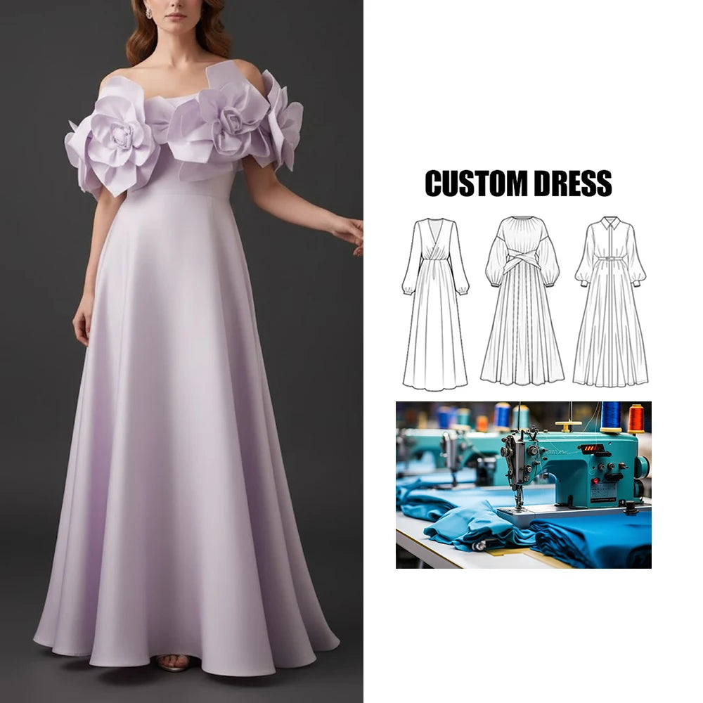 Brand Customization Summer Casual Off-Shoulder Dress Women Embroidered Three-Dimensional A-Line Ruffles Solid Maxi Party Dress