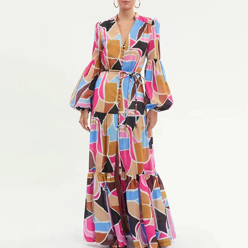 Temperament Elegant Ruffled Long Dresses 2023 Spring New V-neck Lantern Sleeves Single-breasted Natural Waist Eco-Friendly