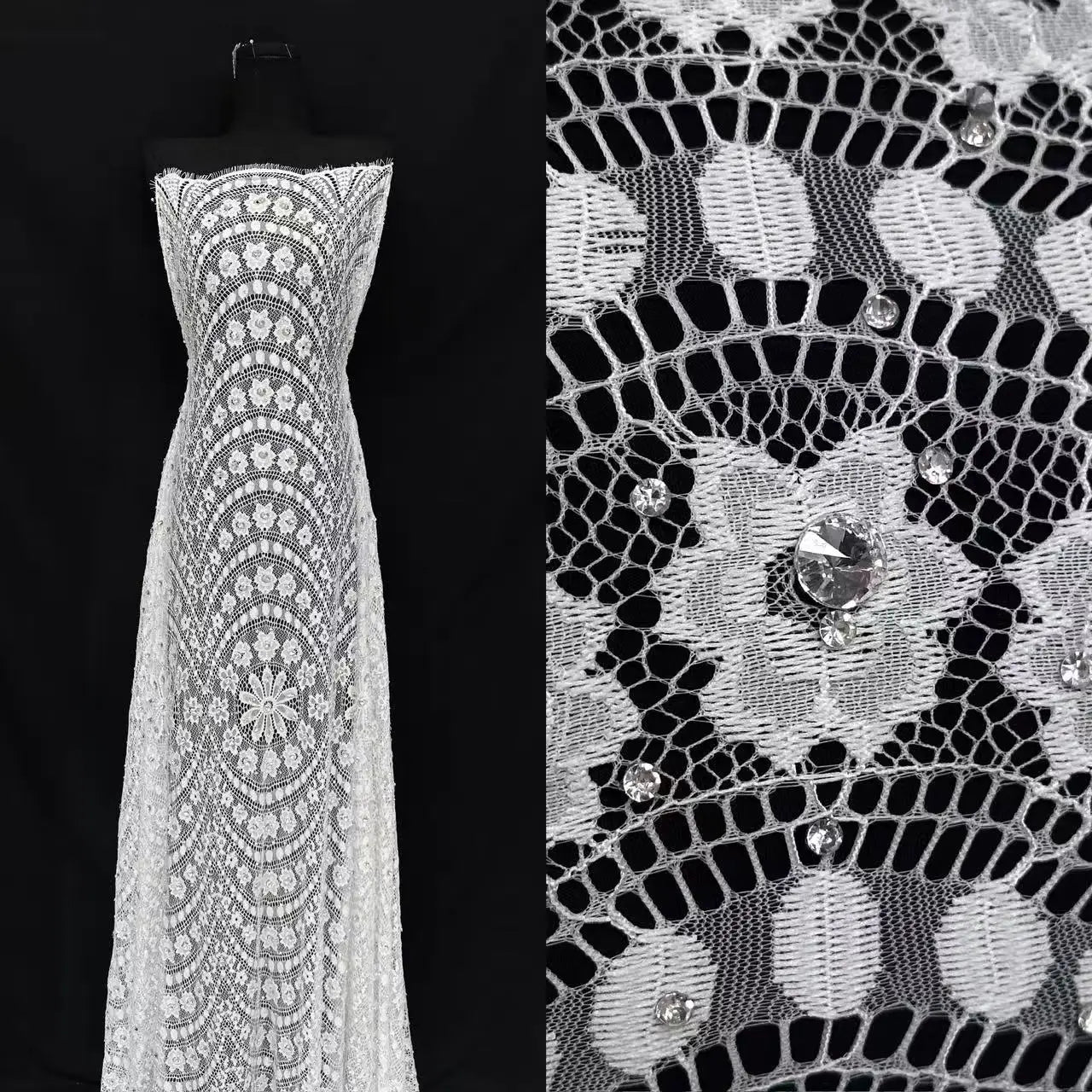 French Chantilly White Wedding Dress Beaded Rhinestones Diamond Tulle Lace Fabric