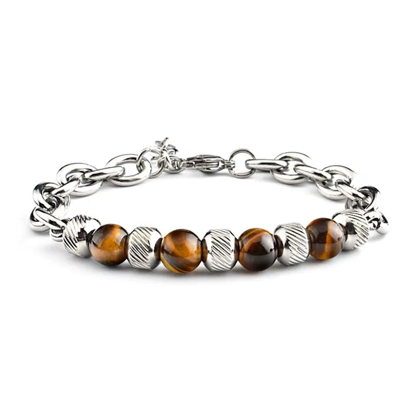 Men's Trendy Stainless Steel Bead Bracelet with White Pine Hematite Agate Tiger Eye Stone Volcanic Rock Stone MegaBDM