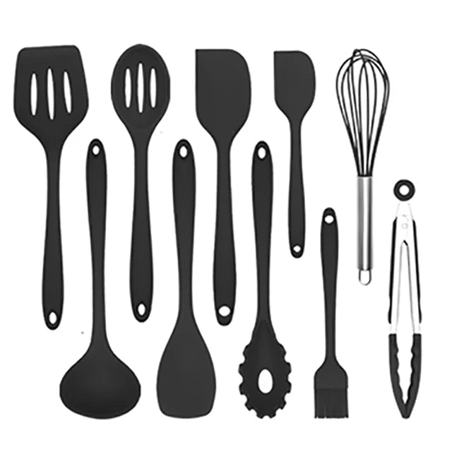 11pcs Black Food-Grade Silicone Non-Stick Eco-Friendly Dishwasher & Oven Safe Kitchen Utensils Set Heat Resistant Assortment