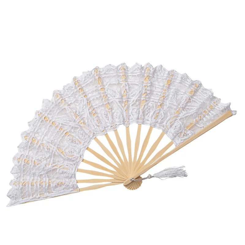 27cm Chinese Style Embroidered Bridal Fan Lace Folded Hand Bamboo Dance Fan Bamboo Staves Carved Technique Portable for Wedding
