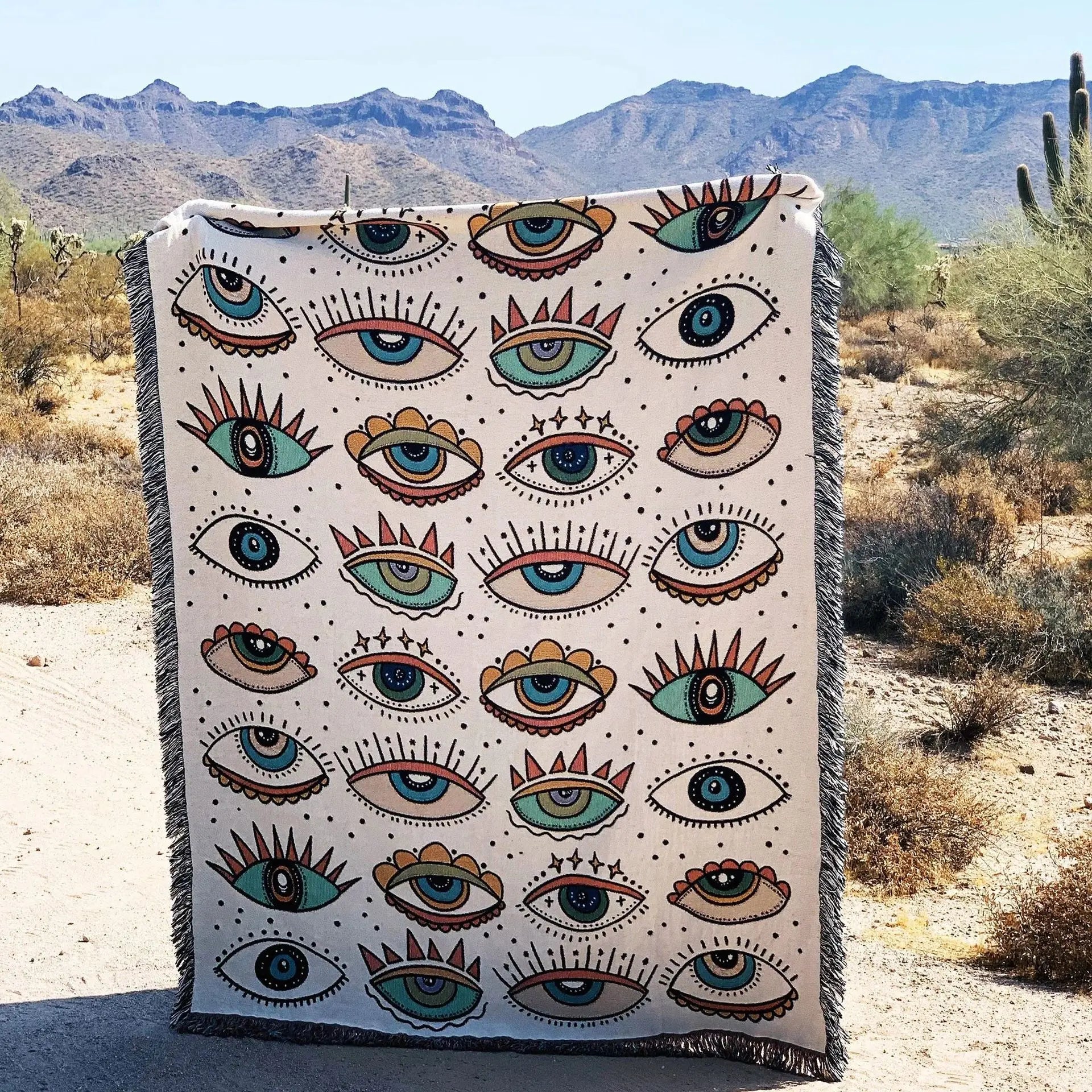 DaiRui Throw Blanket Reversible Hippie Bohemian Knitted Large Fringed Cotton Printed Woven Tapestry