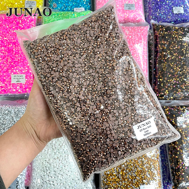 JUNAO Wholesale Rose Gold 2mm-6mm Bulk Package Strass Non Hotfix Crystals Resin Stone Flatback Jelly Rhinestones for Nail