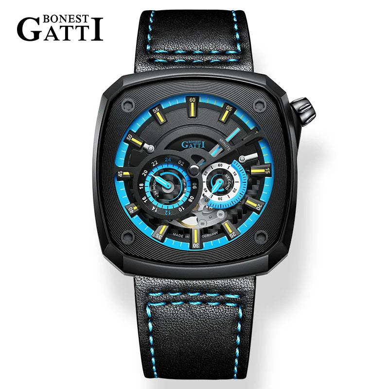 BONEST GATTI  Fashion Square Watch Men Hollow Watches Chronograph Wristwatch