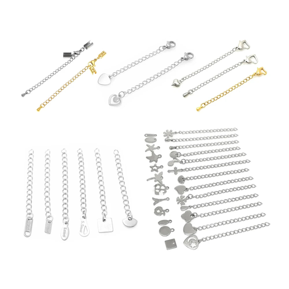 10-100pcs/bag Stainless Steel Extender Tail Chain With Assorted Heart Shaped Drop Tags Removable Lobster Clasps Extension Chain