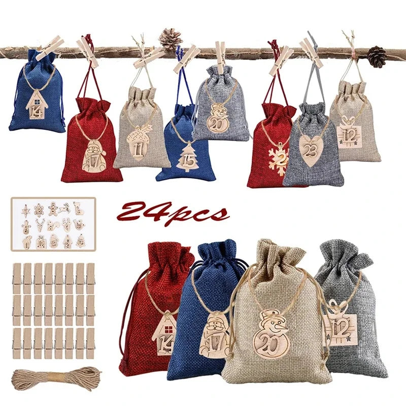 24 Days Burlap Advent Calendar Set Christmas Decorations with Drawstring Gift Bags DIY Embellishments and Clips