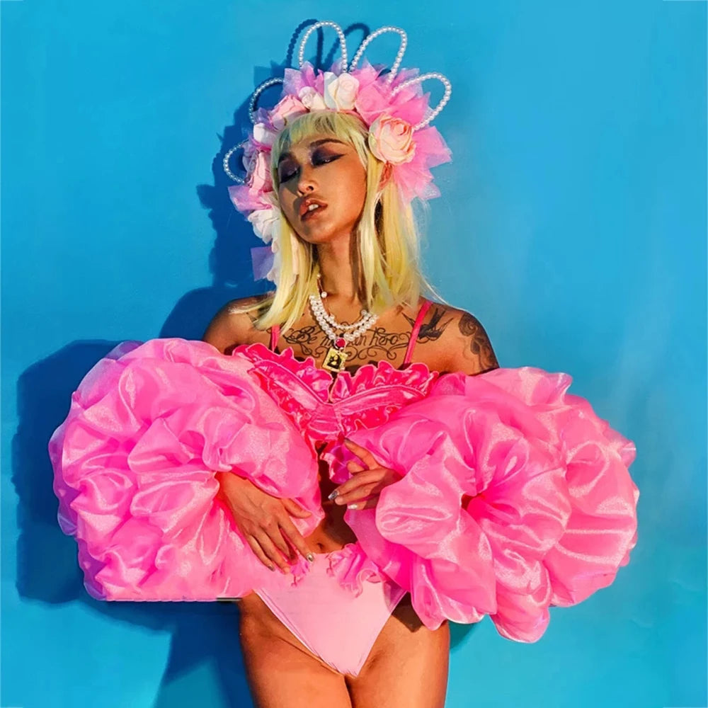 Nightclub Flower Dance Costume Puff Sleeve Yarn Lace Bikini Singer Women Gogo Stage Costume  Evening Party Outfit