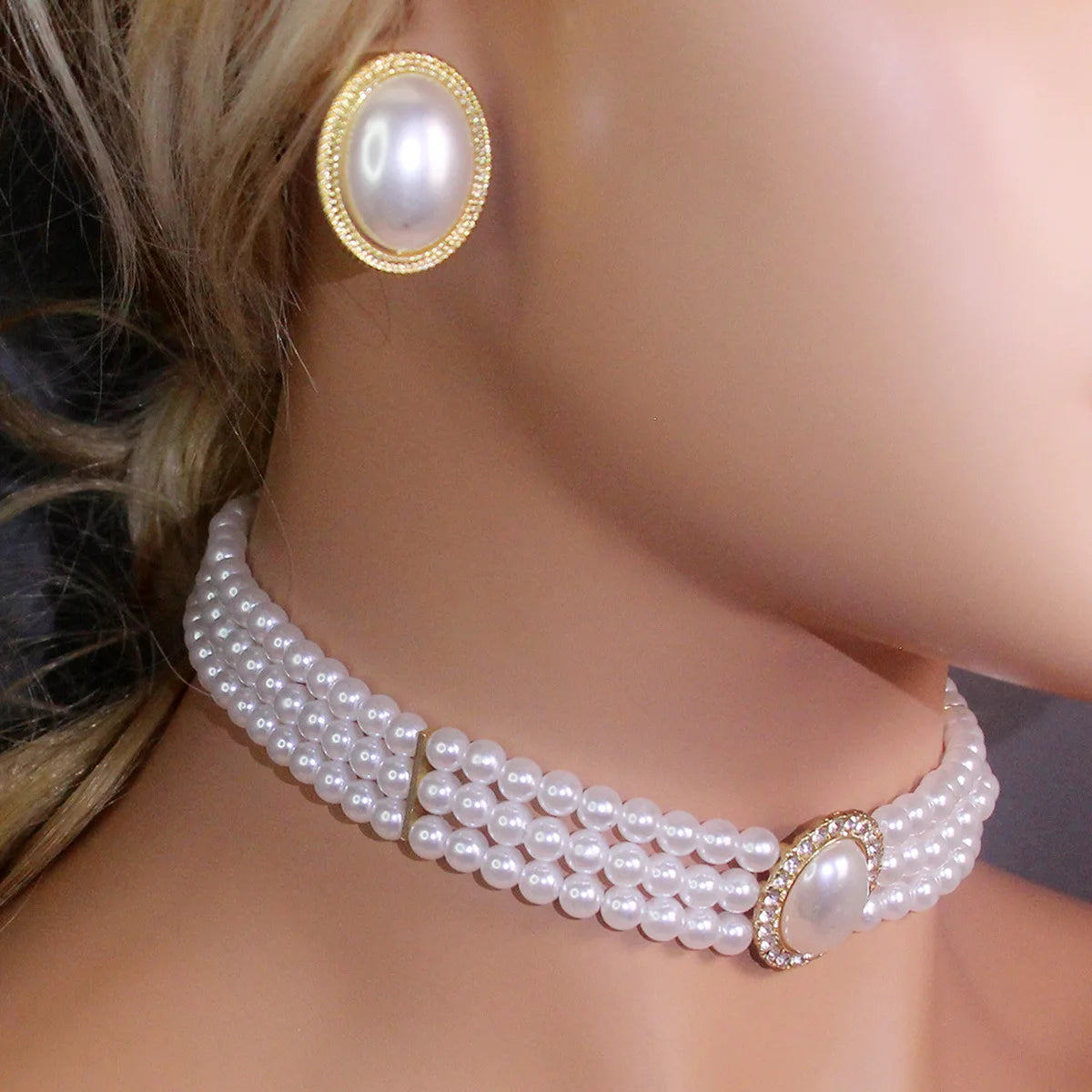 High-End 3-Piece French Elegant Dress Set with Rhinestones Wedding Accessories Pearl Necklace Earring Set Luxury Fashion Jewelry