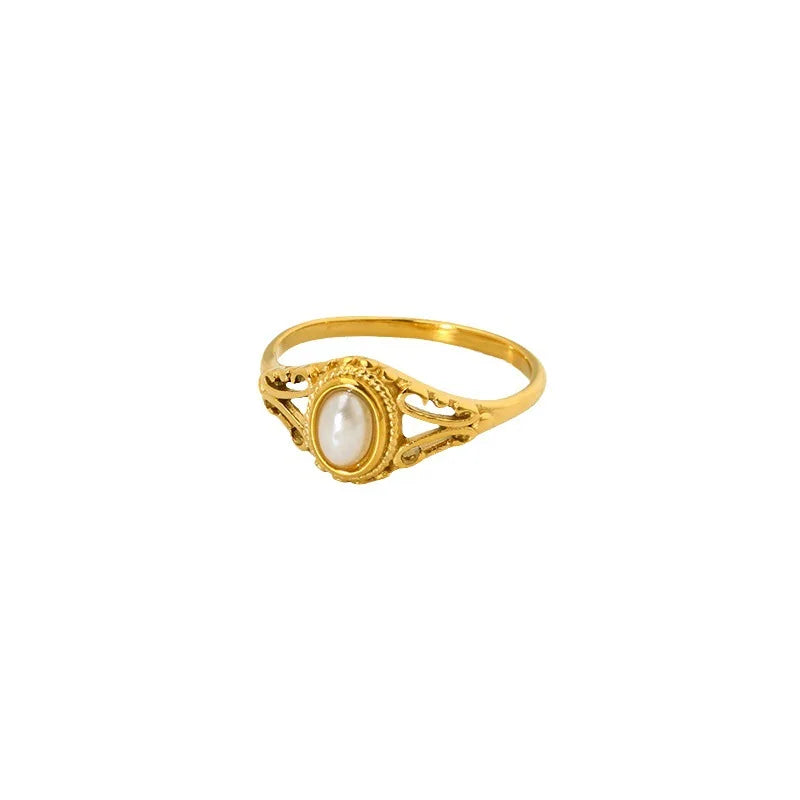 Elegant Vintage Style 18k Gold Plated Pearl Stainless Steel Rings for Women Tarnish Free Jewelry Waterproof