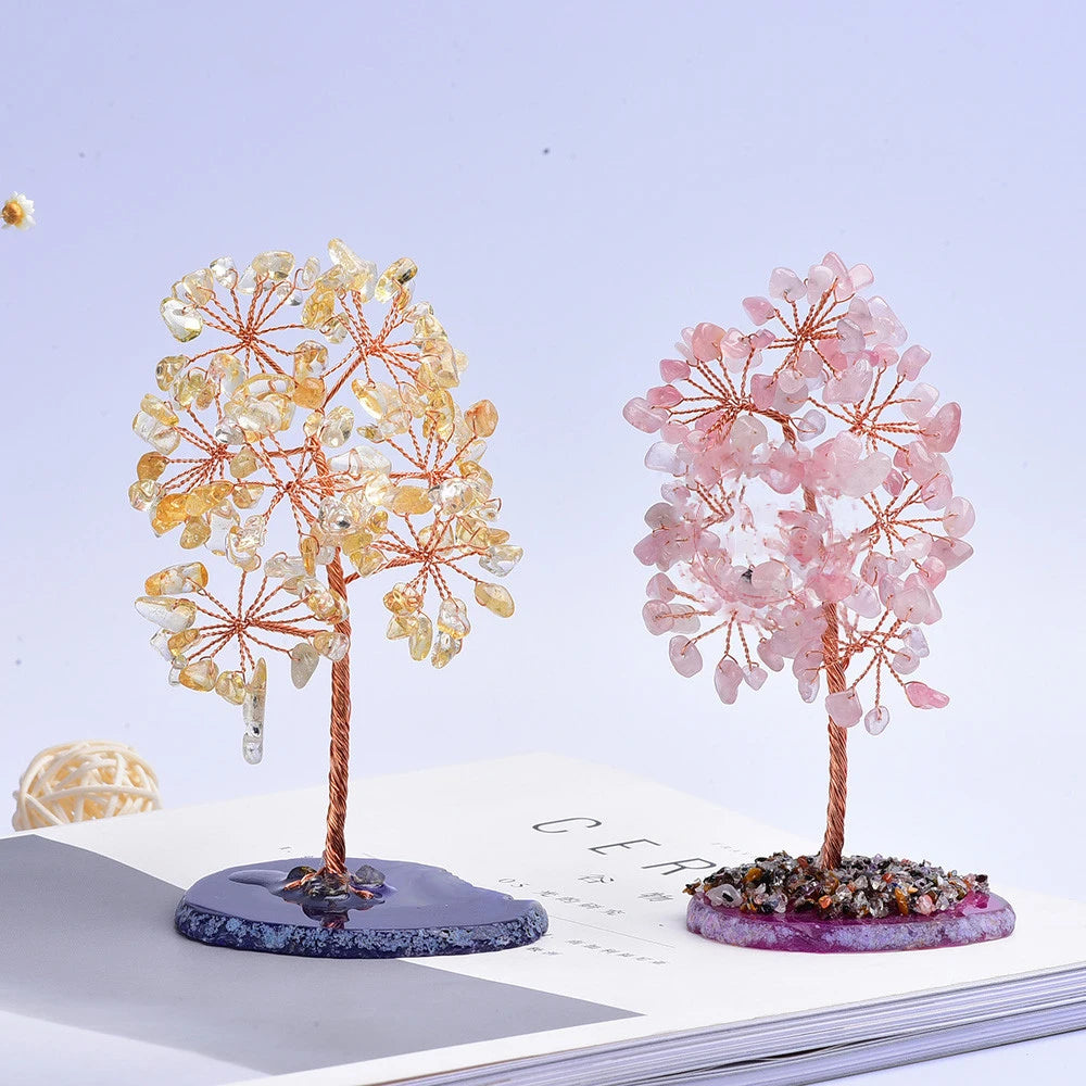 Healing Crystal Chip Stone Tree of Life with Agate Slice Base for Wealth Lucky Money Tree Decor