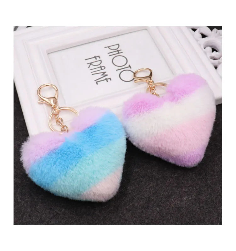 Colorful Heart Shape Pompom Keychain Fur Ball Plush Pendant Bag Keychain Love Hair Ball Bag Pendant