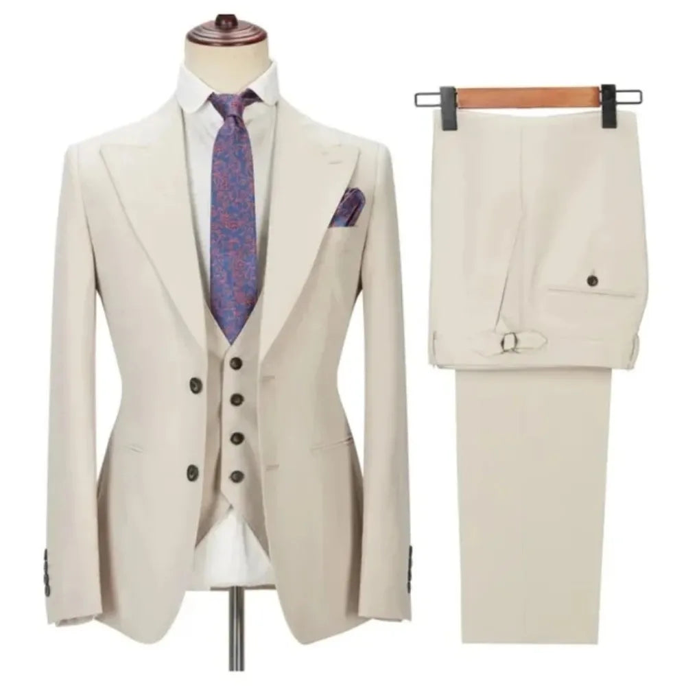 Men Suits Business 3 Pieces Peaked Lapel Blazer+Vest+Pants Tailored Man Formal Clothing Tuxedos Wedding Groom Prom Dress Wear