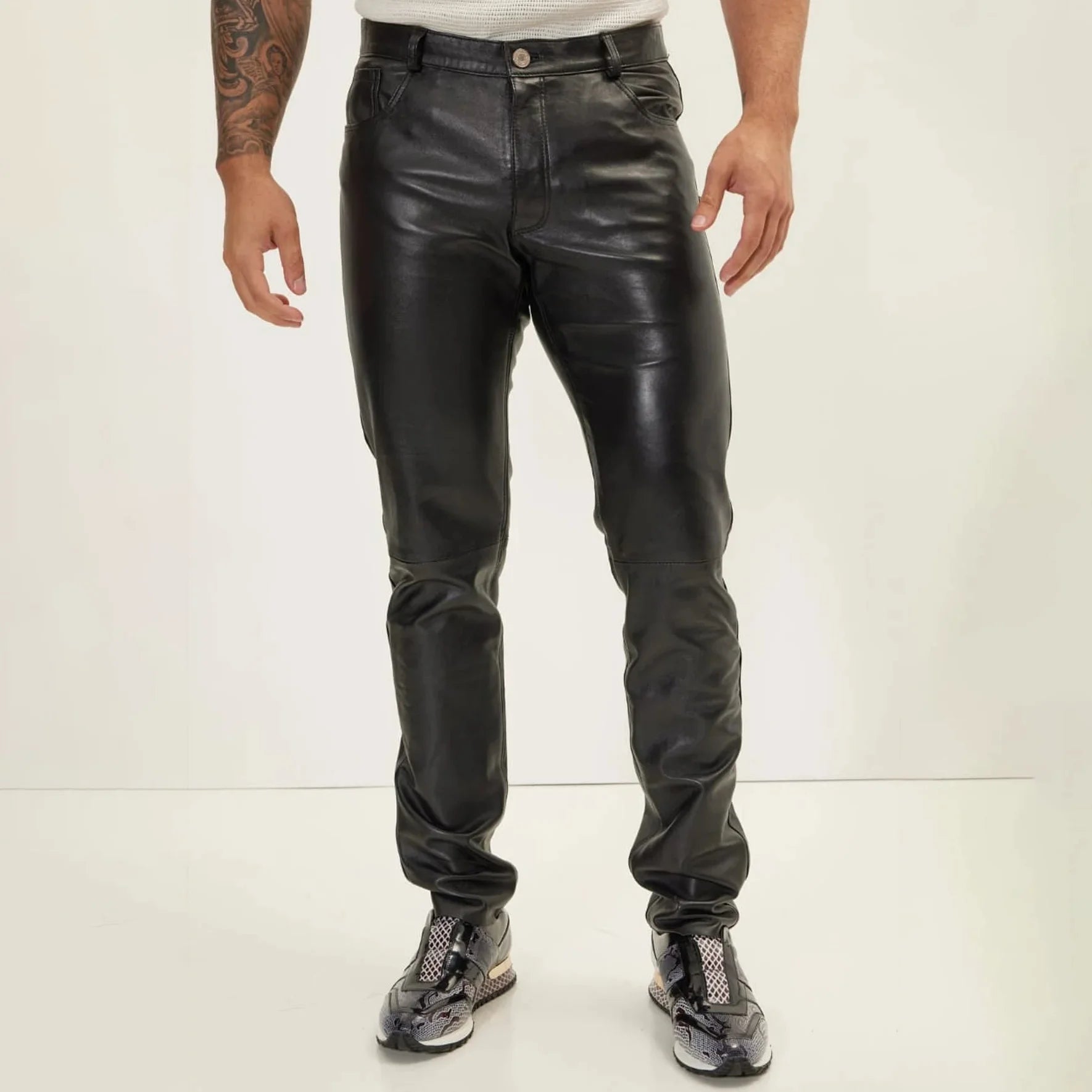 Wholesale Prices High Waist Straight Zipper Fly Casual Breathable Heavyweight Leather Trousers Black Custom Cargo Pants Men