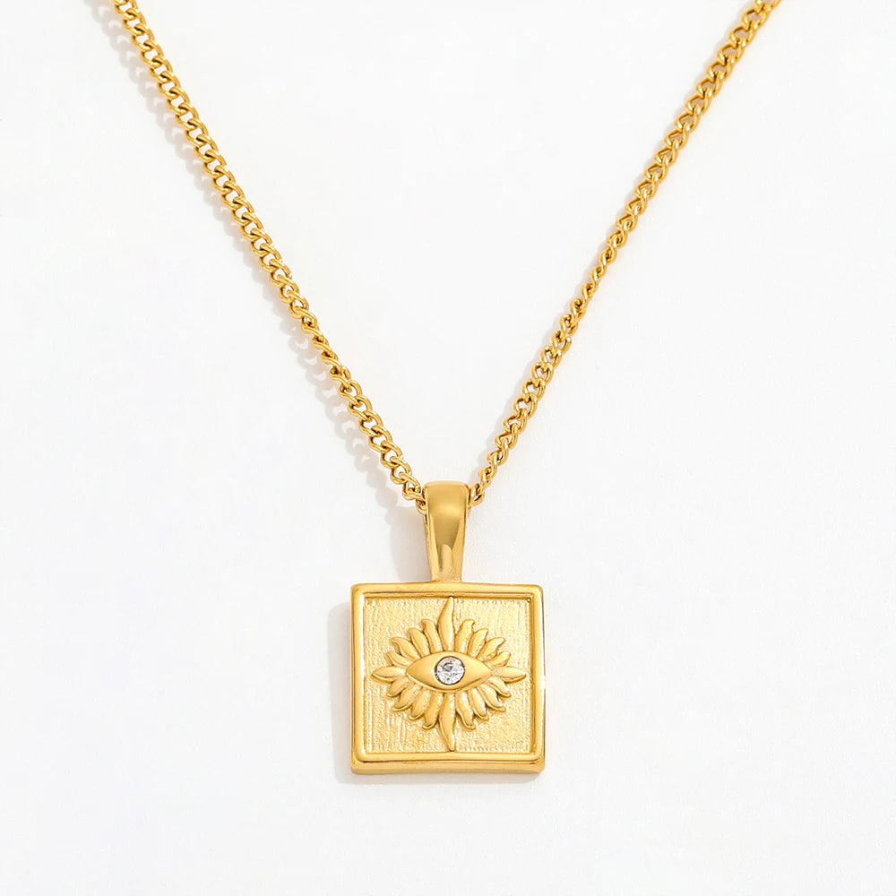 Joolim High End 18K PVD Gold Plated  Waterproof Tarnish Free Burst CZ Eye Square Pendant Stainless Steel Necklace
