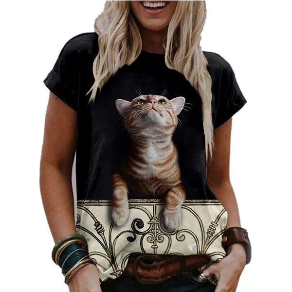 3D Cute Cat T-shirts Women's Basic O-Neck Short Sleeve T Shirts Summer Casual Tops