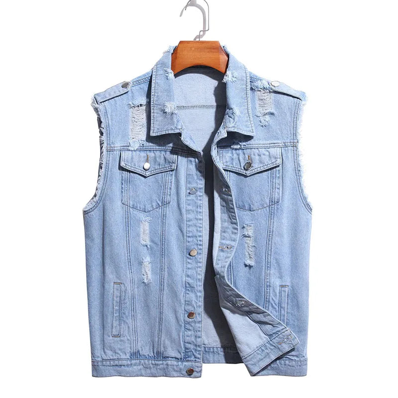 Veste En Jean With Washed Process Jean Vest Denim Men and Women Unisex Outer Wear Homme En Jeans Distressed Denim Vest