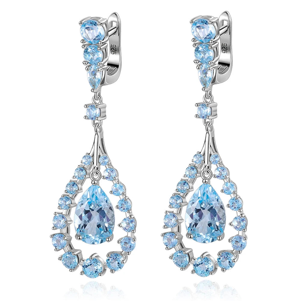 C2183 High-Quality Jewelry Wholesale Pear 8x12mm Sky Blue Topaz 925 Sterling Silver Gemstone Large Chandelier Earrings