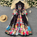 LW0778 Elegant Dress 2025 Spring Dress With Printed Stand-Up Collar With Waist Tucked Lantern Sleeves Long Skirt Printed Dress