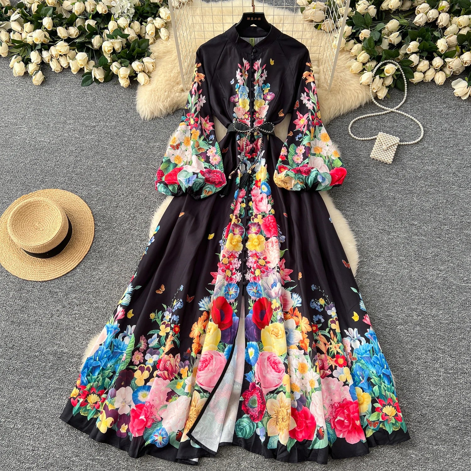 LW0778 Elegant Dress 2025 Spring Dress With Printed Stand-Up Collar With Waist Tucked Lantern Sleeves Long Skirt Printed Dress