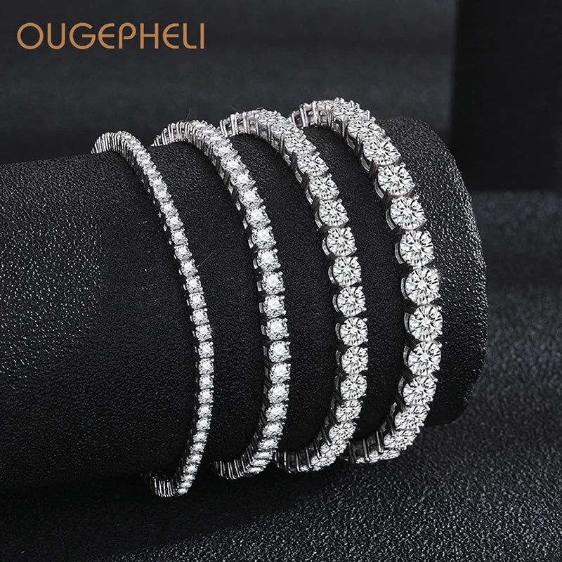 OUGEPHELI Moissanite Tennis Bracelet 1Row S925 925 Sterling Silver GRA VVS D Color Gold Plated Chain Hip Hop for Men Women