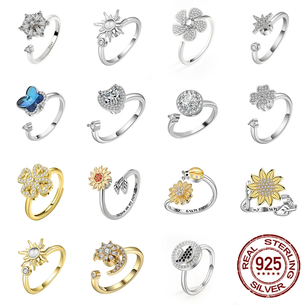 Wholesale 925 Sterling Silver 18K Gold Plated Open Adjustable Size Rotating Spinner Relief Fidget Rings for Anxiety for Women
