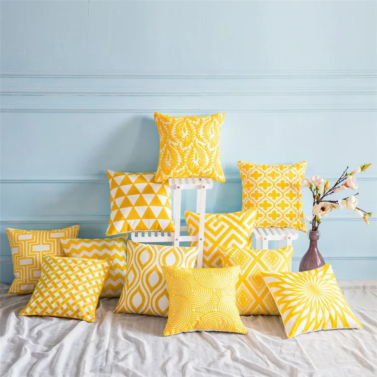 Yellow Color Decorative Embroidery Throw Pillow Cover 18x18 Inches Zipper Yellow Throw Pillow Case for Living Room/